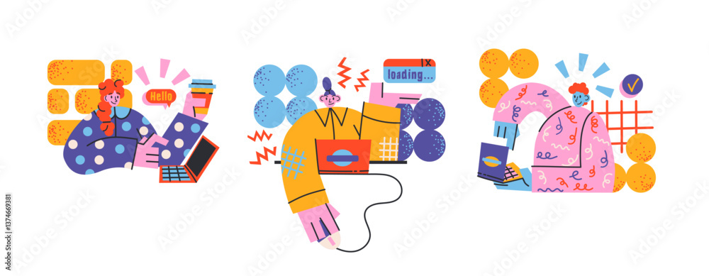Cartoon characters with internet search bar and digital icons in memphis style. Surfing the Internet, website, online company. Search panel in the browser. Vector illustration
Cartoon characters with internet search bar and digital icons in memphis style. Surfing the Internet, website, online company. Search panel in the browser. Vector illustration