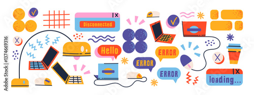 Retro cartoon set of web pages pc.old computer style. geometric frames in 90s memphis style. Set of user interface elements. Retro browser computer window. Y2k vector promo doodle comic banner