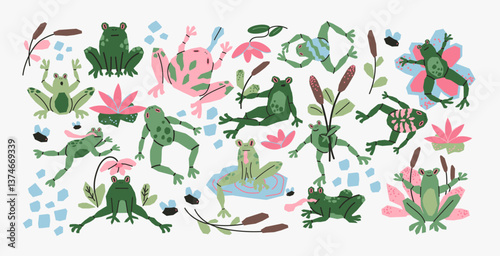 Frogs in reeds illustration in retro cartoon style. Frogs, reeds, lily pads, pond elements — playful nature scene in trendy retro doodle style.