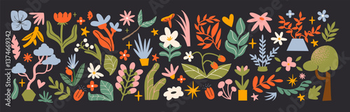 Botanical set abstract flowers and plants. Organic floral doodles, leaves of different shapes. Trendy hippie funky shapes stickers 90s.	