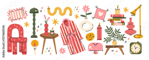 Home comfort stickers in retro cartoon style. Robe, lamp, pillow, candle, armchair, cozy elements - warm and inviting in trendy retro doodle style.