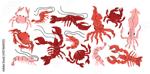 Sea creatures sticker set in retro cartoon style. Lobsters, shrimp, crabs, starfish, marine animals - fun underwater life elements in trendy retro doodle style.