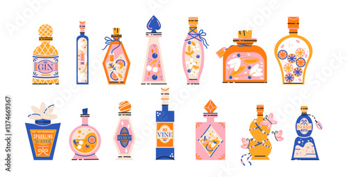 Bottles and glasses with cocktails in retro cartoon style. Colorful drinks, alcohol, beverage elements — vibrant and playful design in trendy retro doodle style.