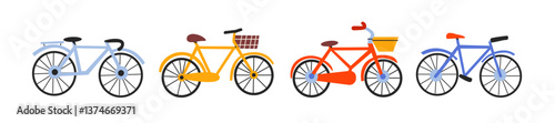 Various bicycles in retro cartoon style. Different bike designs, colors, and styles - playful and vibrant collection of bicycles in trendy retro doodle style.