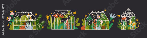 Glass greenhouse orangery in cartoon style. Greenhouse garden for growing plants, flora, botany and organic products. Glass facade of winter garden outdoors. Vector doodle retro illustration