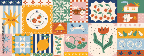 Bright fruit and plant pattern in retro cartoon style. Oranges, apples, bananas, leaves, tropical plants - vibrant nature-inspired design in trendy retro doodle style.