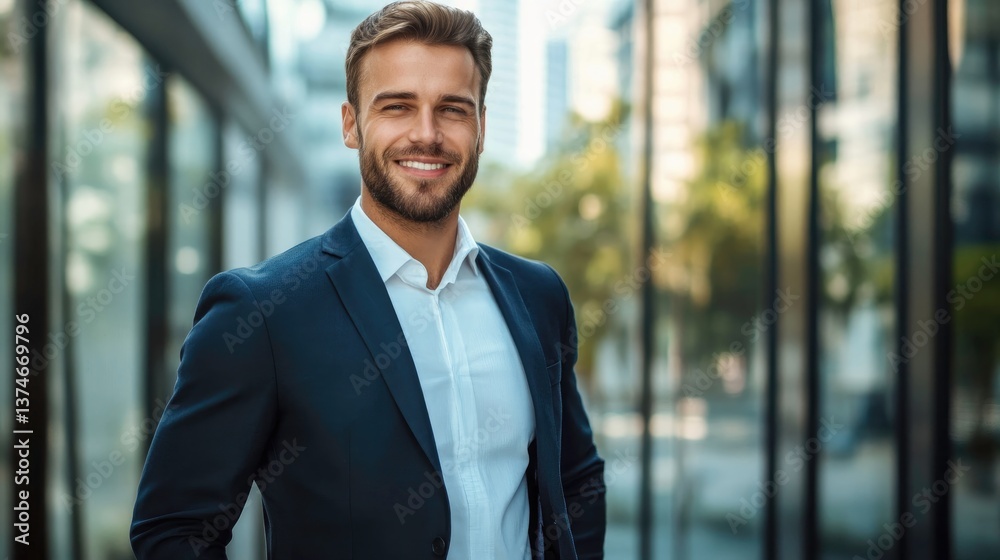 Businessman Dressed in a Suit, Smiling with Confidence Businessman Dressed in a Suit, Smiling with Confidence