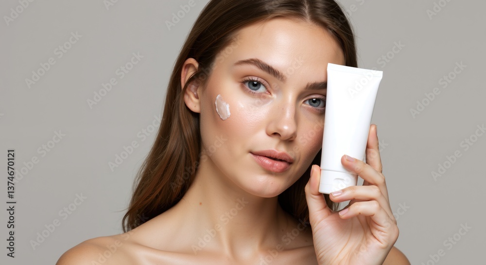 Woman applying facial cream with white tube against gray background. Close-up of female face with dots of skincare product on cheek. Beauty and skincare routine. Cosmetic products, facial treatments Woman applying facial cream with white tube against gray background. Close-up of female face with dots of skincare product on cheek. Beauty and skincare routine. Cosmetic products, facial treatments