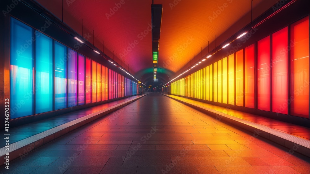 Fototapeta premium A modern subway corridor features an array of colorful lights on both sides, creating a dynamic atmosphere for commuters. The smooth flooring reflects the vibrant hues, enhancing the urban experience.