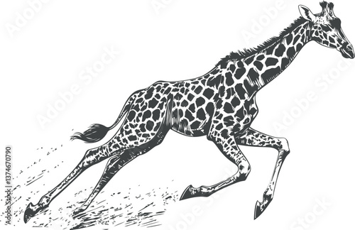 Giraffe running illustration with detailed spots in black and white sketch. Vector illustration