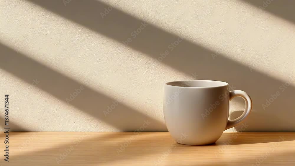 Empty coffee mug standing on table with moving shadows of sunlight from window blinds