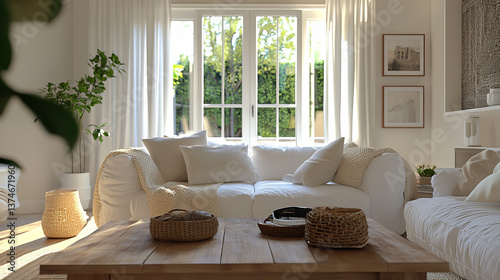 Wallpaper Mural Cozy and boho  living room featuring a white sofa with textured cushions and blankets, a wooden coffee table with decorations, and decorative elements in natural tones. Stylish home interior. Template Torontodigital.ca