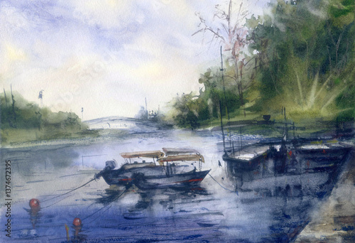 A serene watercolor painting depicting a riverside scene with several small boats moored to buoys