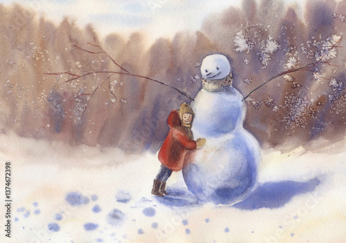 Watercolor painting of a joyful winter scene with a child in a red coat hugging a snowman. Snow-covered ground, soft light, and frosty trees create a warm and festive holiday atmosphere.