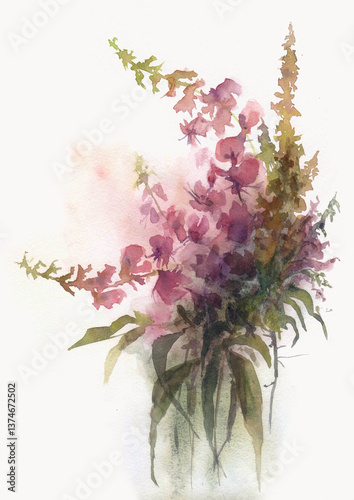 Elegant watercolor painting of a floral bouquet in soft pink, purple, and green hues. Loose, expressive brushstrokes create a delicate, airy composition. Perfect for nature, decor, and botanical theme