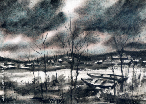 Gloomy watercolor landscape with boats on a lake under stormy clouds. Dark, moody, expressive.