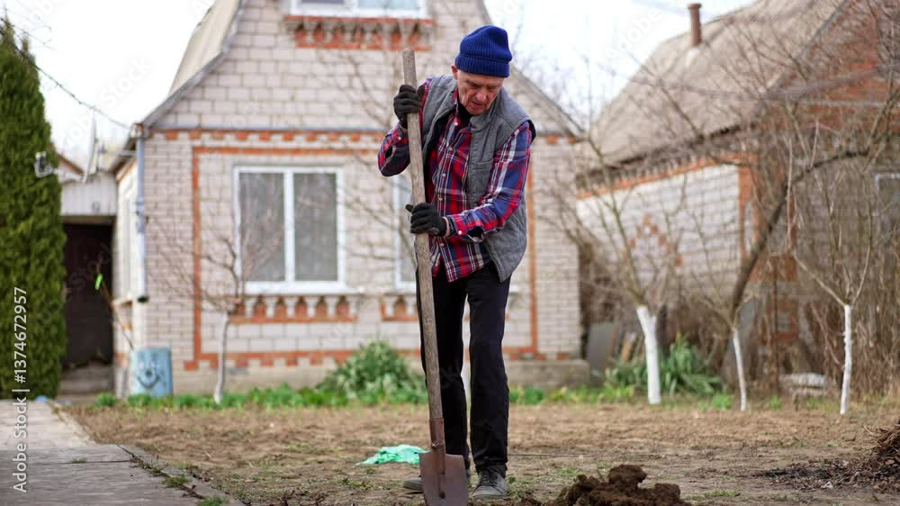 Mature Caucasian man working in the garden digging a hole in the ground. Farmer planting trees near his house. Mature Caucasian man working in the garden digging a hole in the ground. Farmer planting trees near his house.