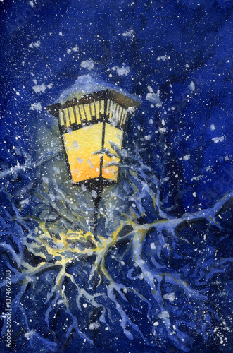 Watercolor painting of a glowing lantern in a snowy night. Magical and serene winter scene.