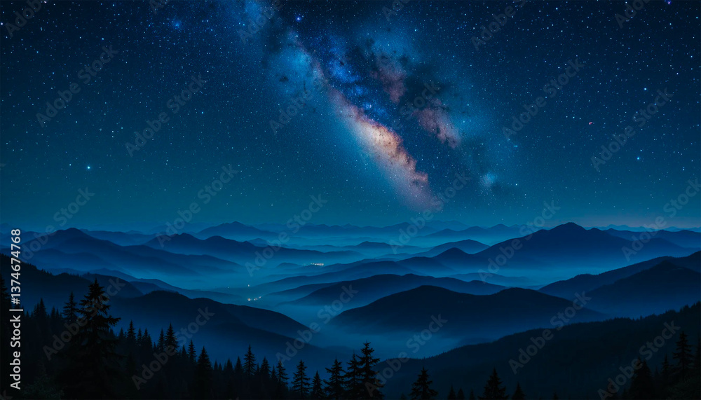 Majestic Milky Way over Misty Mountains at Night Deep Blue Hues and Starry Sky Majestic Milky Way over Misty Mountains at Night Deep Blue Hues and Starry Sky