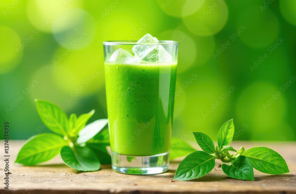 Refreshing green smoothie in glass with ice and fresh basil leaves on wooden table Refreshing green smoothie in glass with ice and fresh basil leaves on wooden table