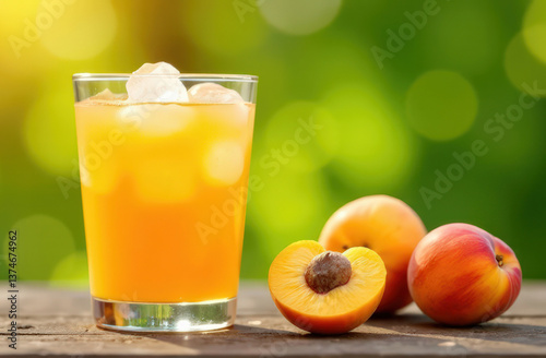 Wallpaper Mural Refreshing glass of peach juice with whole and sliced peaches in sunlit garden setting Torontodigital.ca