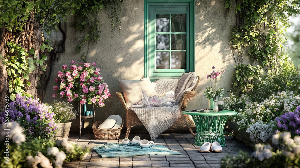 Obraz premium Cozy composition of warm terrace interior with garden armchair, pillows, vase with flowers, bench, green coffee table, slippers, vase with flowers and personal accessories. Home decor. Template.