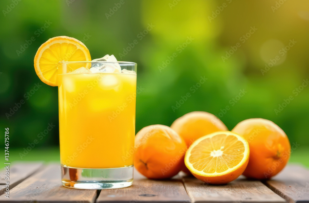 Refreshing orange juice with ice and fresh oranges on wooden table Refreshing orange juice with ice and fresh oranges on wooden table