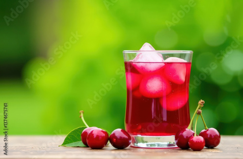 Wallpaper Mural Refreshing cherry juice with ice and fresh cherries on wooden table Torontodigital.ca