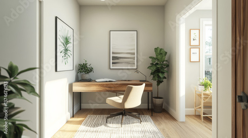 Wallpaper Mural Modern home office with a minimalist design, featuring a wooden desk with decorative items, a chair, and potted plants. A doorway reveals a cozy adjoining room. Natural light enhances warm atmosphere. Torontodigital.ca