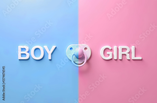 Gender reveal concept with baby pacifier on split blue and pink background