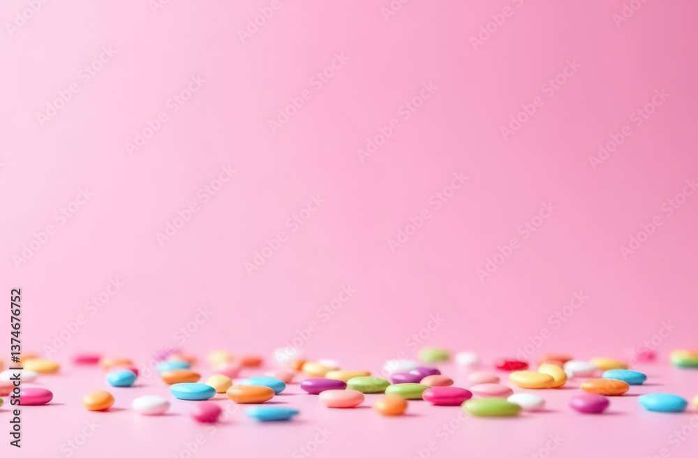 Multicolored candy on vibrant pink background with soft focus Multicolored candy on vibrant pink background with soft focus