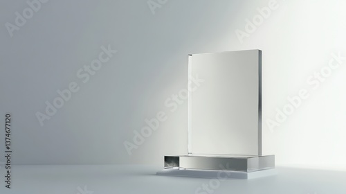 Create a realistic model of an awards with a rectangular and flat shape, transparent methacrylate texture for a scientific event with a white background, modern style, with.