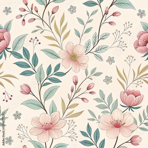 Vintage floral seamless pattern with ornate pink flowers and leaf decor