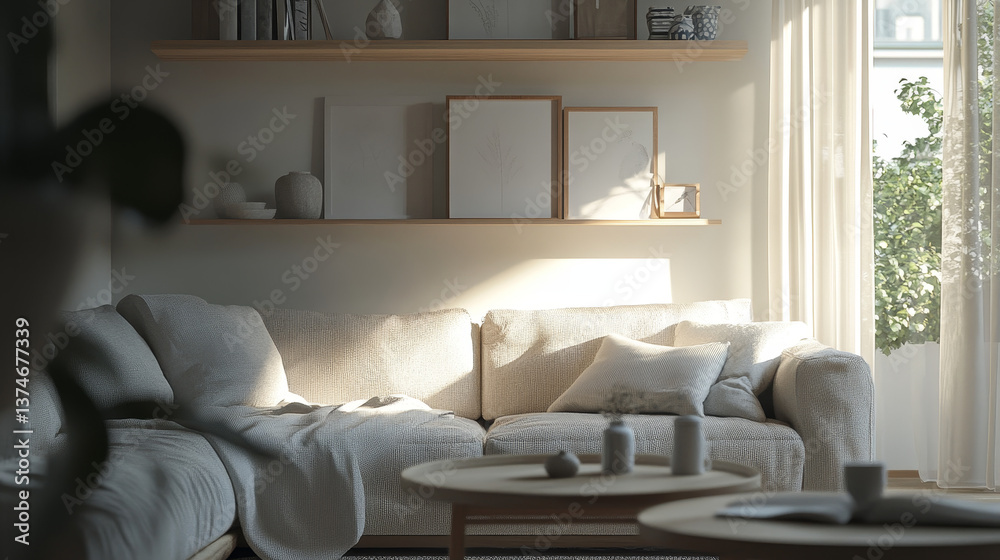 Fototapeta premium Scandinavian-inspired living room with soft textures, geometric shelving and a cozy minimalist layout.