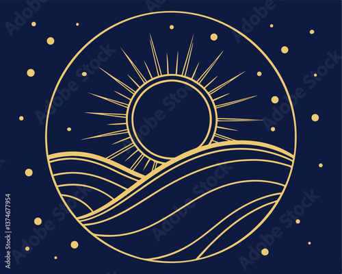 Golden crescent moon rising over a calm dark blue ocean under a starry night.