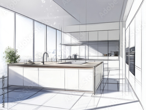Sketch of modern kitchen layout with cabinets and appliances