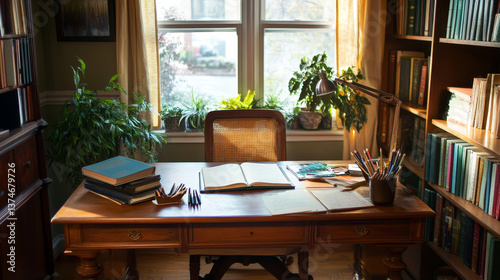 Wallpaper Mural Aesthetic composition of cozy workplace interior with mock up poster frame, wooden desk, rattan chair, books, vase with leaves, palid, pencils and personal accessories. Home decor. Template. Torontodigital.ca