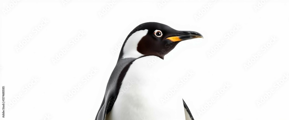 Fototapeta premium Pinguin-Kopf-Nahaufnahme auf weißem Hintergrund. Schwarze und weiße Federn mit gelbem Schnabel. Ideal für Tier- oder Naturthemen.