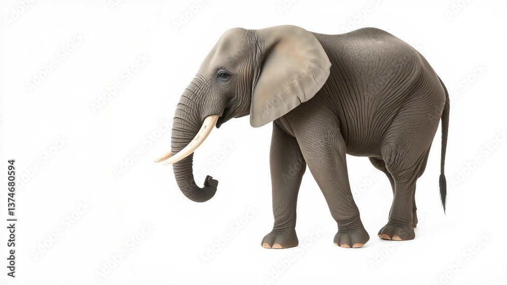 Fototapeta premium Elefant im Profil auf weißem Hintergrund. Graue Haut und lange Stoßzähne. Ideal für Tier- oder Safari-Themen.