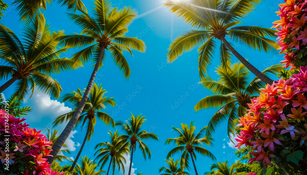 Obraz premium Tropical paradise Vibrant pink flowers tall palm trees under a bright sunny sky creating a blissful
