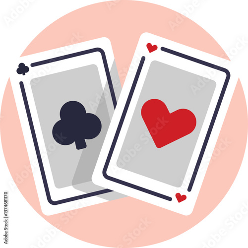 Gambling: Depicts a pair of dice and playing cards, symbolizing the act of betting or wagering money on games of chance.