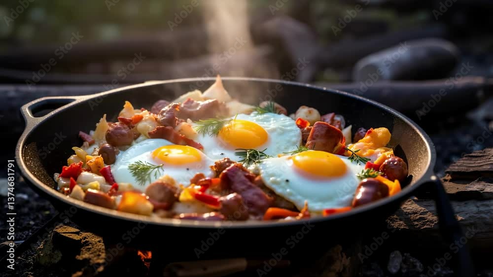 Camping Breakfast Cooking: Fried Eggs, Sausage, Potatoes Sizzling in Outdoor Skillet over Campfire. Food Adventure, Seamless Loop 4K Video Footage. Camping Breakfast Cooking: Fried Eggs, Sausage, Potatoes Sizzling in Outdoor Skillet over Campfire. Food Adventure, Seamless Loop 4K Video Footage.