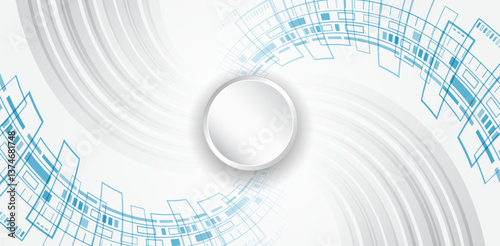 Abstract futuristic technology background with geometric digital elements in blue and white. Modern circular design with a central blank space. Ideal for business, innovation, AI, and tech projects.