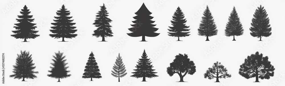 Fototapeta premium Modern illustration featuring abstract stem drawings of coniferous tree tops, including pine, spruce, cedar, and plant leaves, in the form of natural outdoor travel badges with black silhouettes