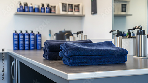 Fototapeta Naklejka Na Ścianę i Meble -  Well-organized Dog Grooming Station With Neatly Arranged Towels and Grooming Products in a Clean Environment
