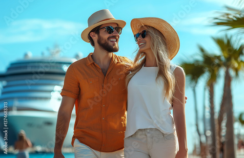 Happy couple wearing summer hats and sunglasses smiling near cruise ship on sunny tropical vacation with palm trees