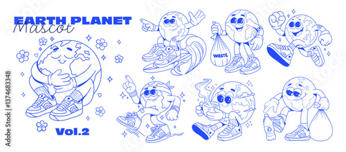 Kit of retro groovy characters planet earth. Mascot Characters in various dynamic poses. The concept of protecting the environment and the planet. Vintage monochrome art style 70s.