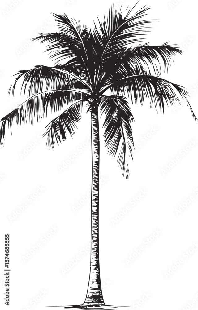 Obraz premium Palm tree illustration with detailed leaves in black and white drawing. Vector illustration