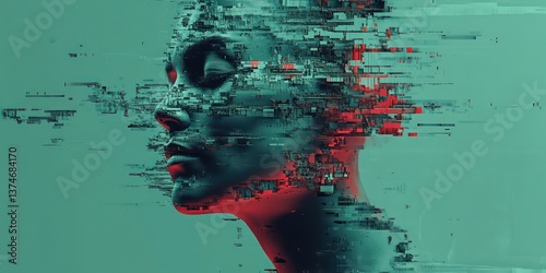 a stylized digital portrait of a person whose face is breaking apart. The artwork evokes a sense of technological disruption and fragmentation. wallpaper background
