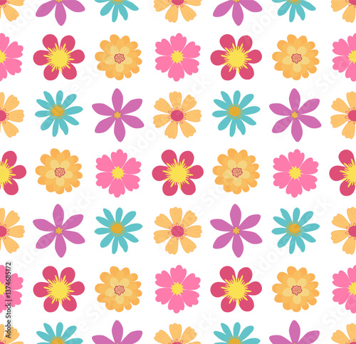 Seamless pattern with flowers. Floral print. Bright background floral mosaic. Great for home textiles, bed linen, decor, packaging, fabrics, panels, cards and printing on surfaces.